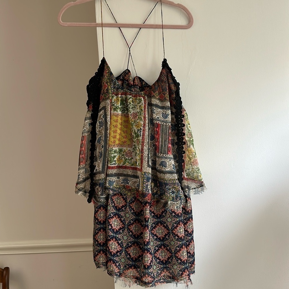 Free People Sheer Spaghetti Strap Mini Dress Floral Patchwork Raw Hem Small EUC